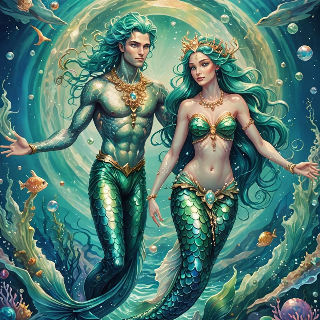 Merman and Mermaid in Holographic Astral Illustration