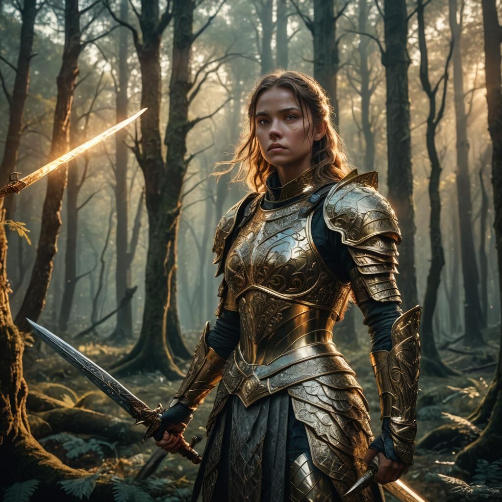 Fantasy Warrior in Ancient Forest, Digital Art