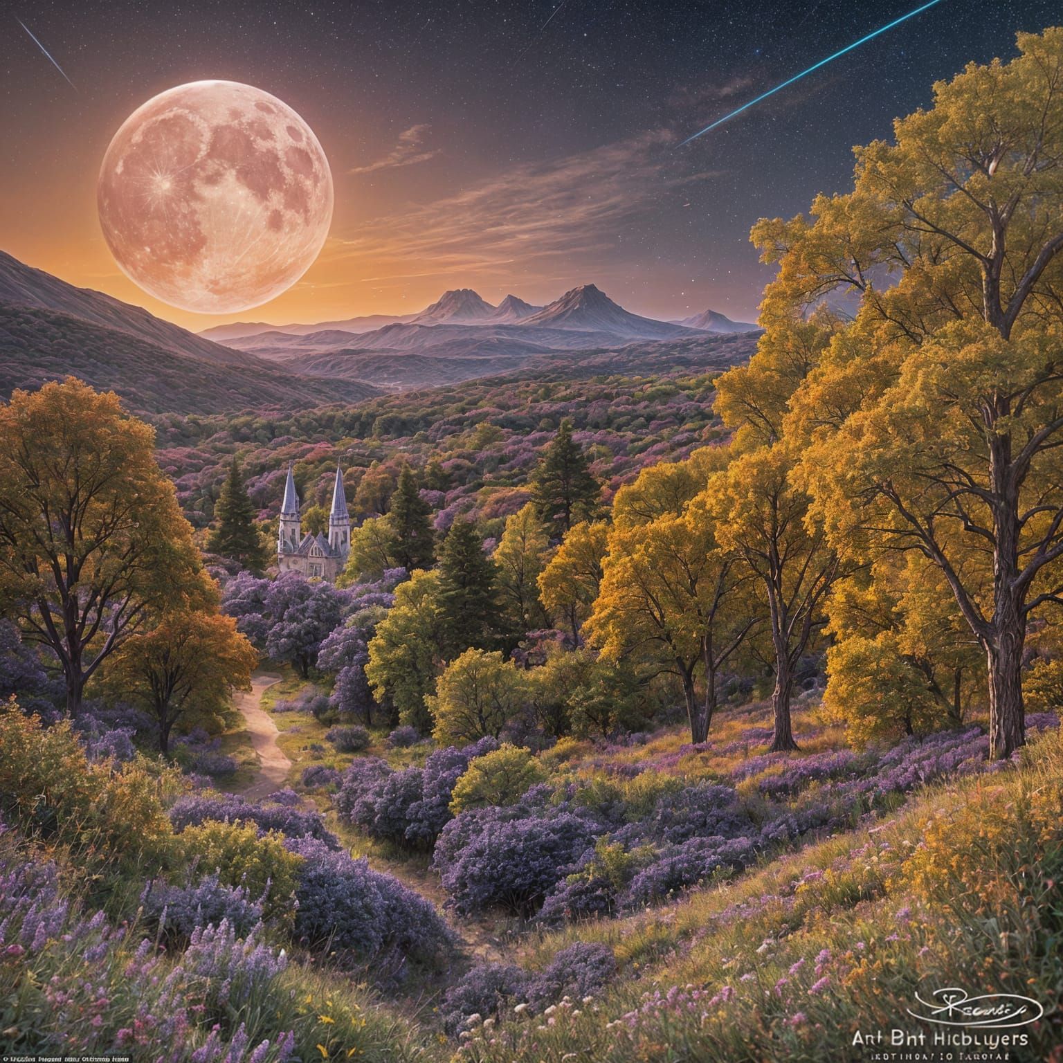 Fantasy Night Sky with Giant Moon Over Historic City