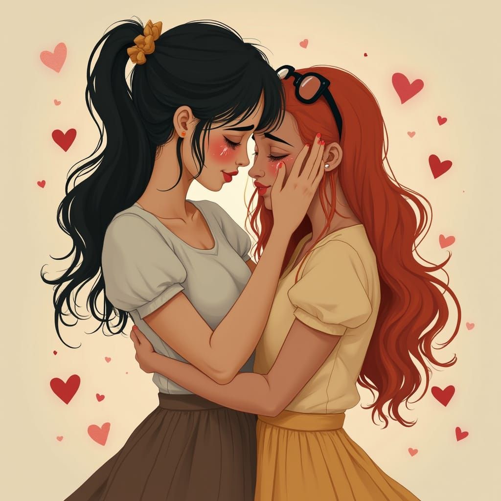 Women's Tender Embrace in Warm Pastel Earth Tones