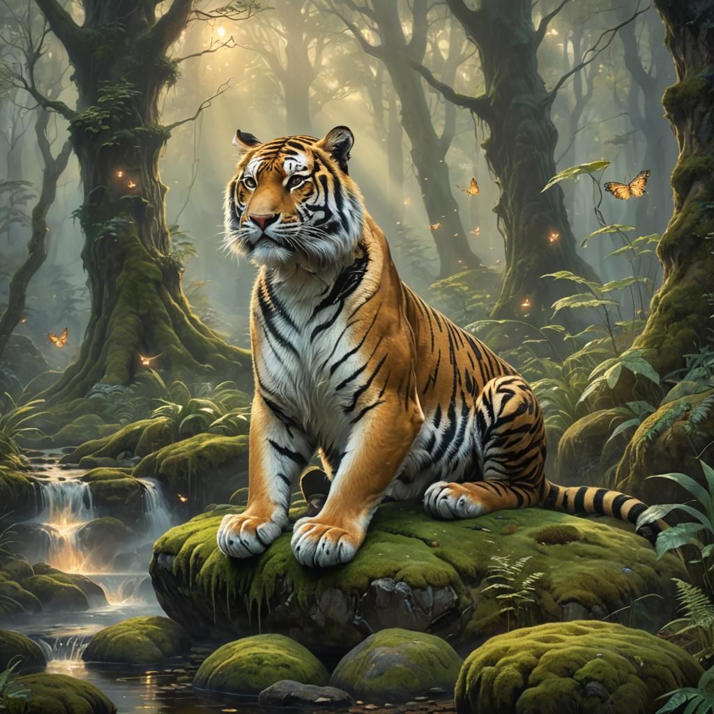 Tiger in Misty Forest, Kinkade-inspired Oil Painting