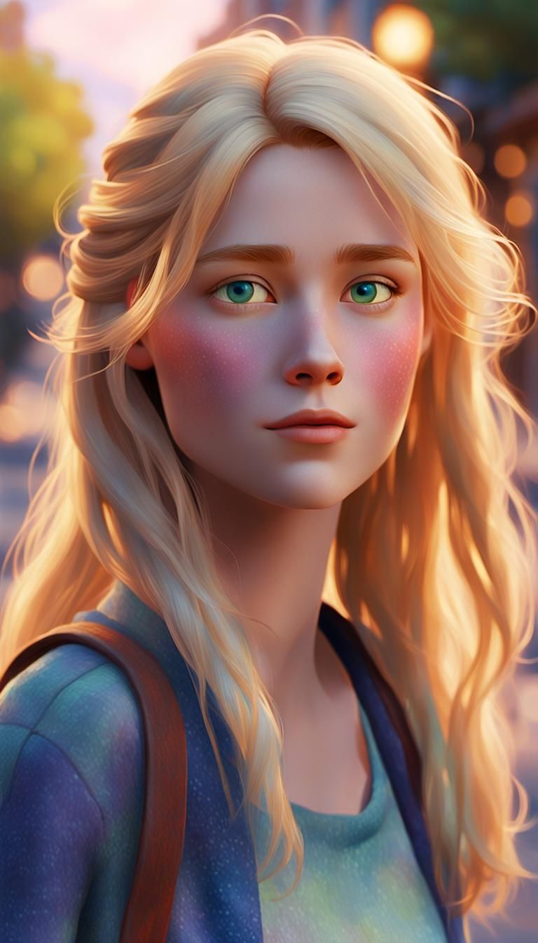 Blonde Woman Walks Down Softly Lit Morning Street in Whimsic...