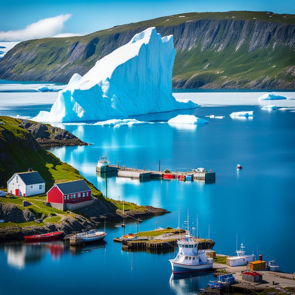 Newfoundland Fishing Village with Giant Iceberg