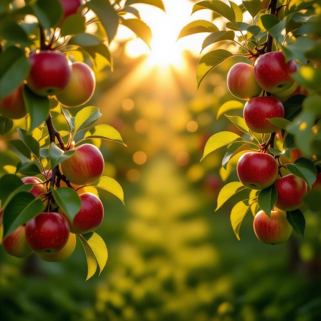 Ripe Red Apples in Sunlit Orchard