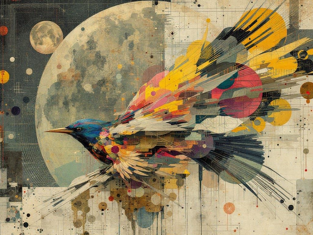 Spiritual Art Deco Birds in Mixed Media Glitchcore
