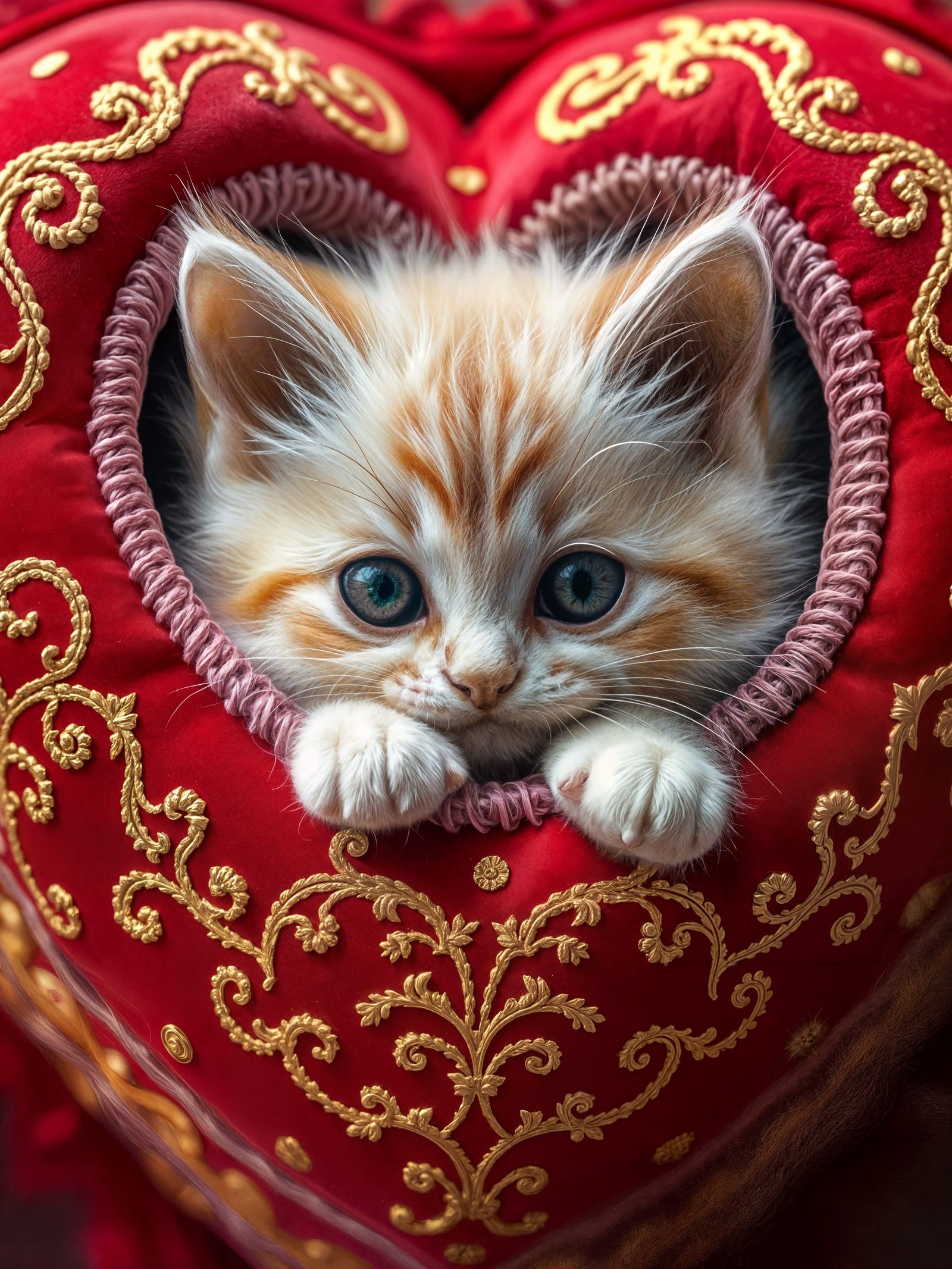 Whimsical Valentine Kitten in Heart Cushion