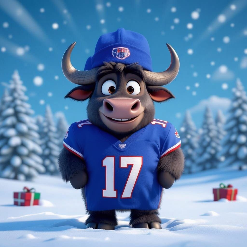 Buffalo Bills Mascot in Snowy Christmas Scene