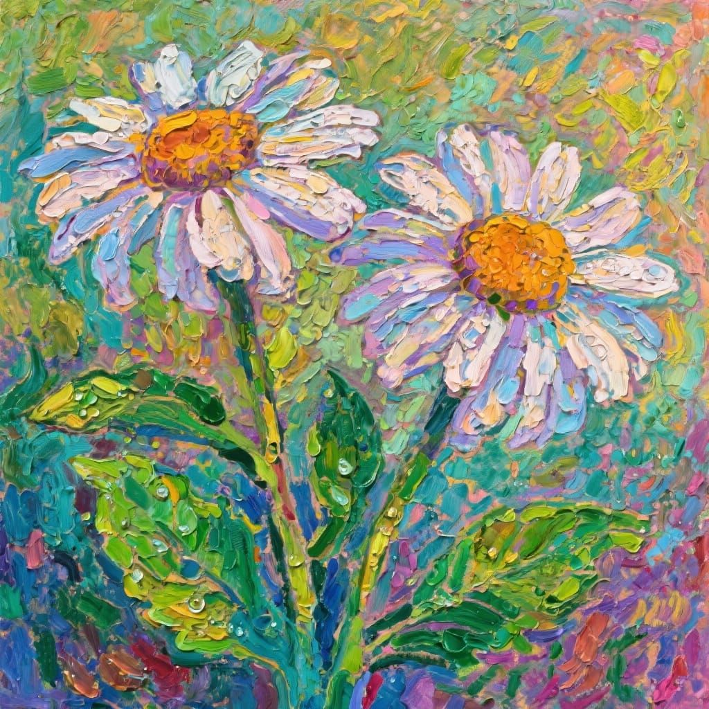 Vibrant Oil Painting of Daisies in Neo-Impressionist Style