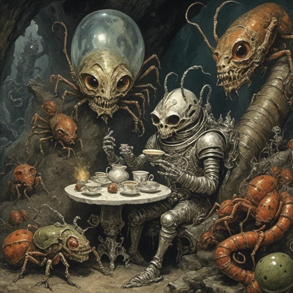 Astronaut's Tea Party with Curious Bug Aliens