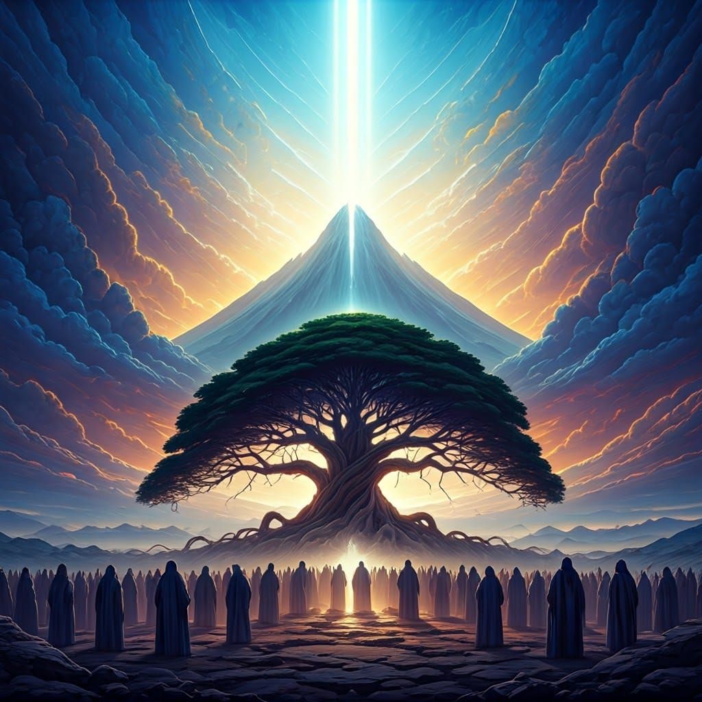 Ethereal Gathering at Mount Sinai in Futuristic Style