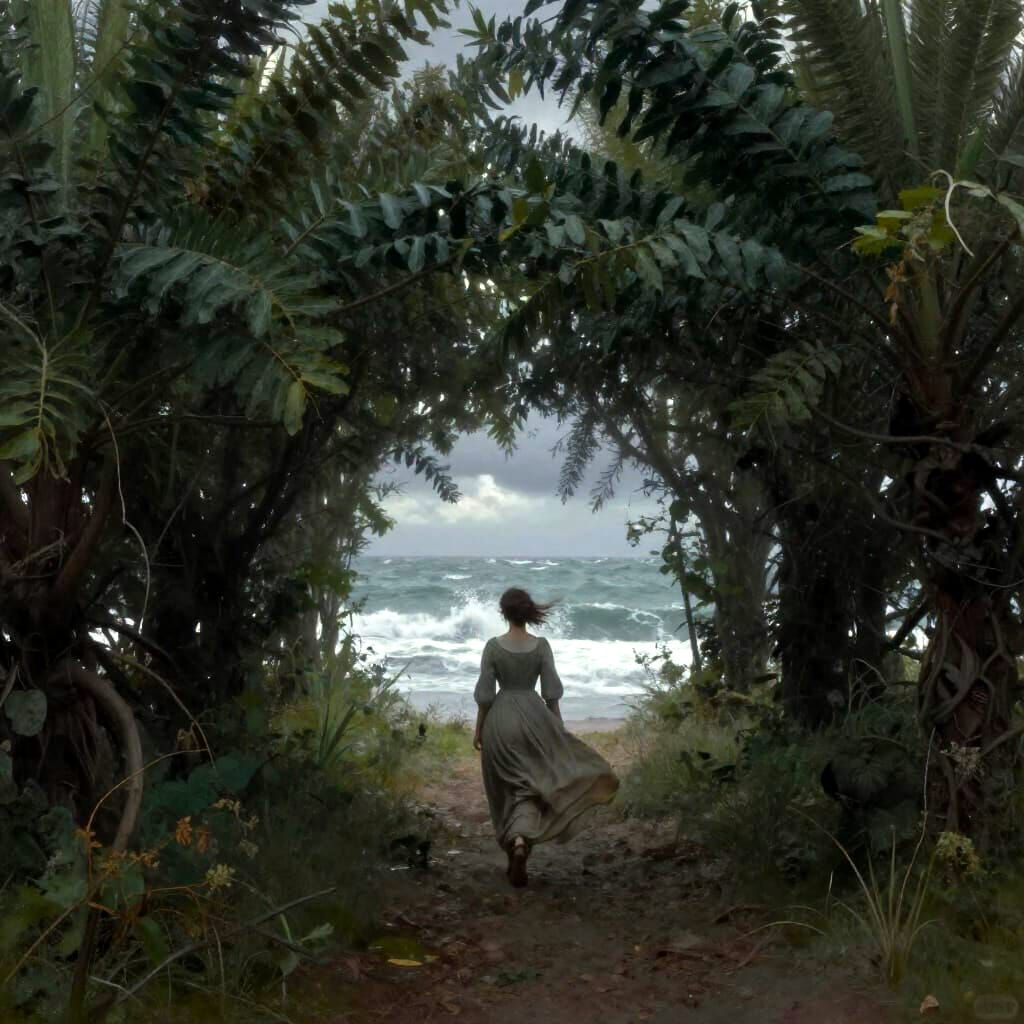 Regency Woman in Windswept Gown on Lonely Shore