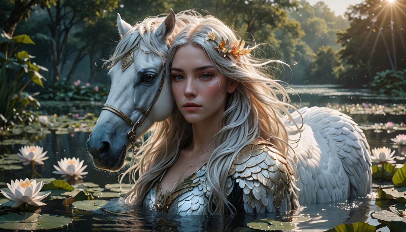 Pegasus Portrait with Water Lilies in Art Nouveau Style