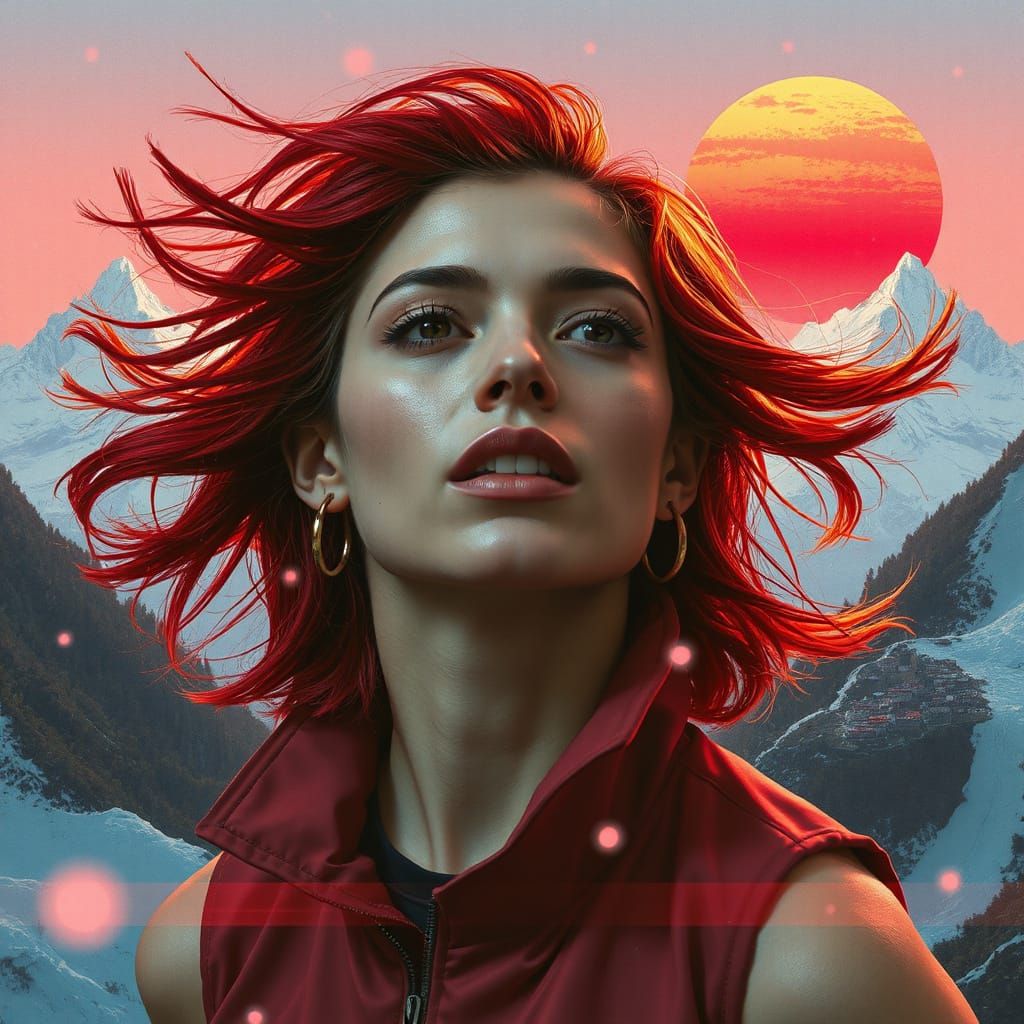 Dreamlike Woman with Red Hair and Snowy Mountains
