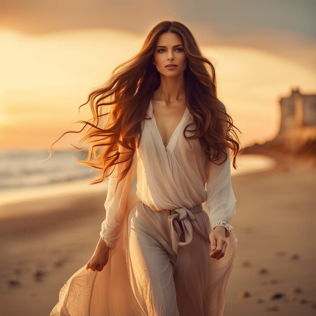 Beautiful woman walking on the beach, long hair, detailed, sunset