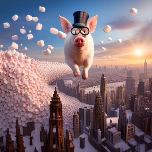 Flying Pig Soaring Over Marshmallow City