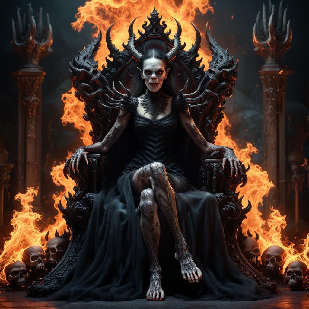 Terrifying Demon Queen on Flaming Skull Throne