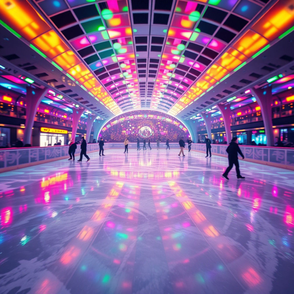 Kaleidoscopic Disco Lights on Ice Rink