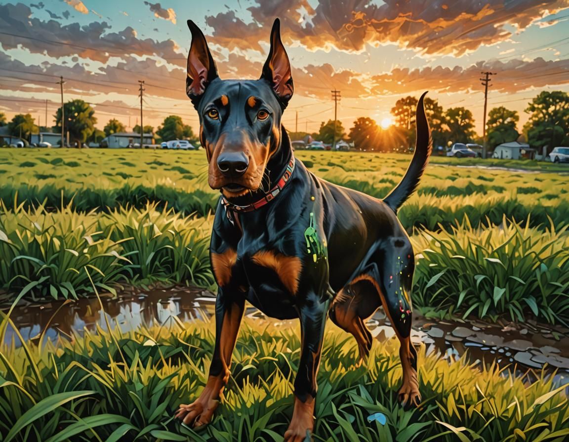 goofy Doberman dog, at sunset, outdoors