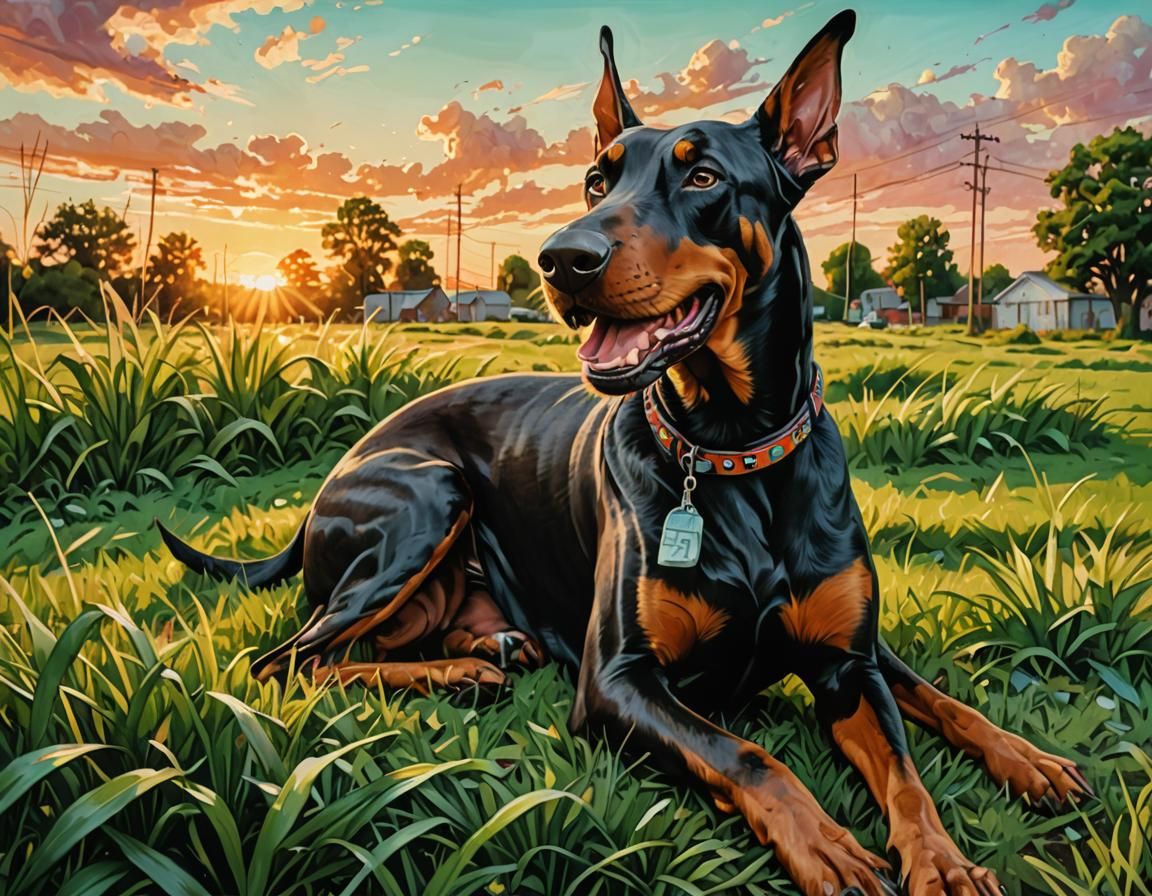 goofy Doberman dog, at sunset, outdoors