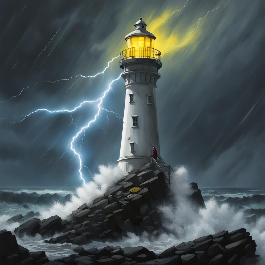 Lighthouse on Stormy Coast with Lightning, Fantasy Art