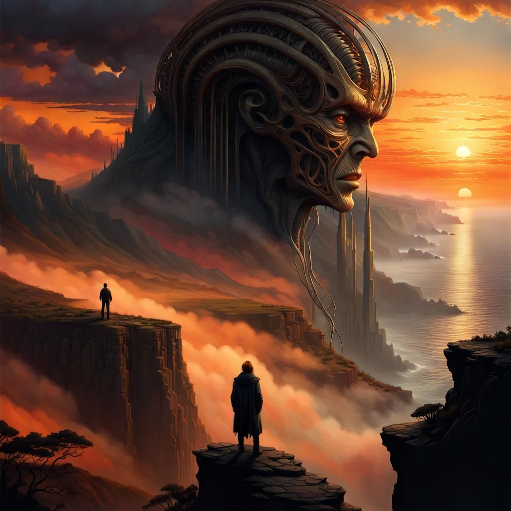 Epic Sunset Cliff Silhouette, Matte Painting Style