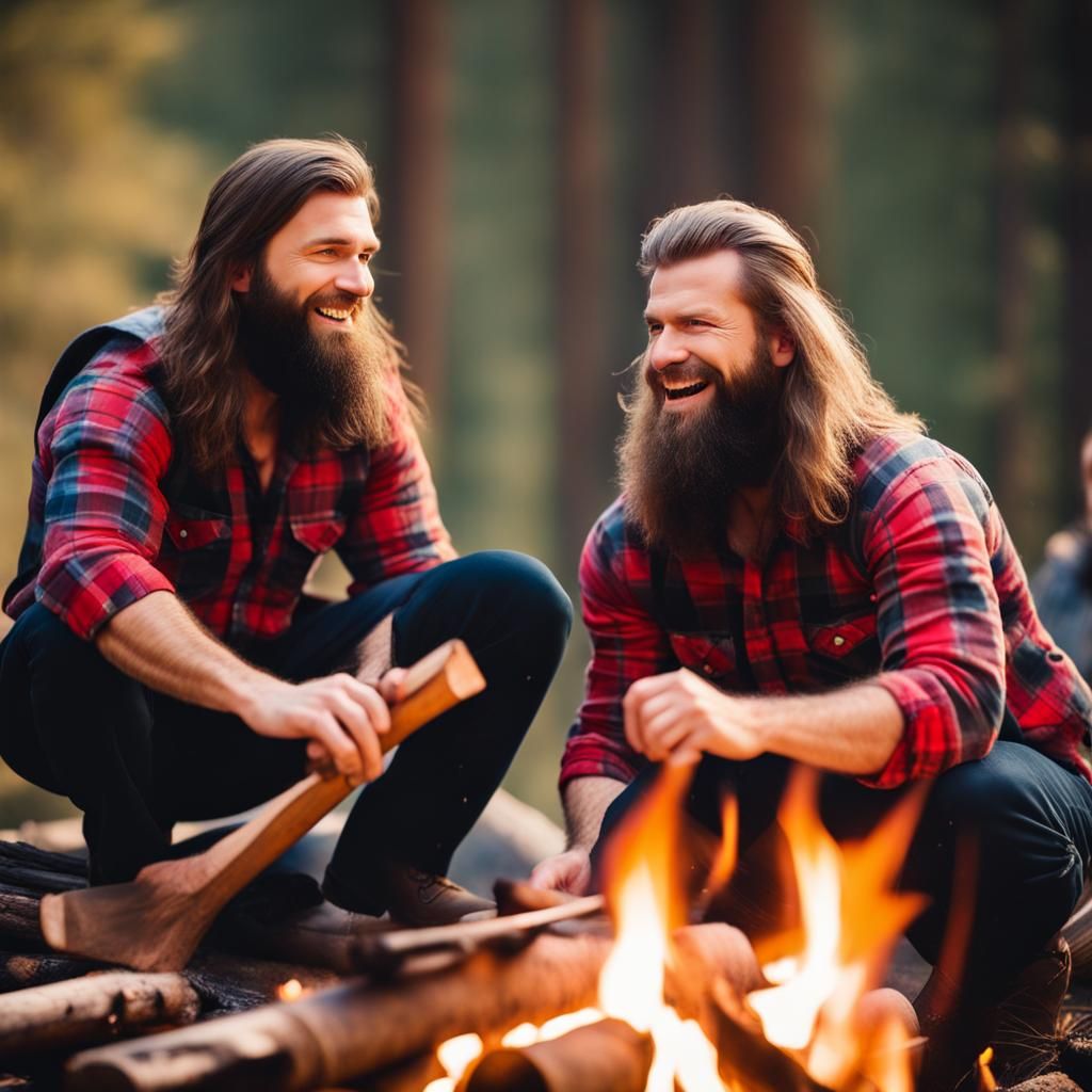 Happy Lumberjacks Building Campfire in Natural Light