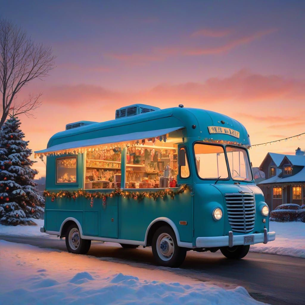 Vintage Fantasy Christmas Food Truck in Whimsical Dreamland