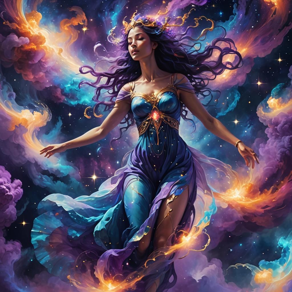Ethereal Space Goddess in Vibrant Oil Painting Style