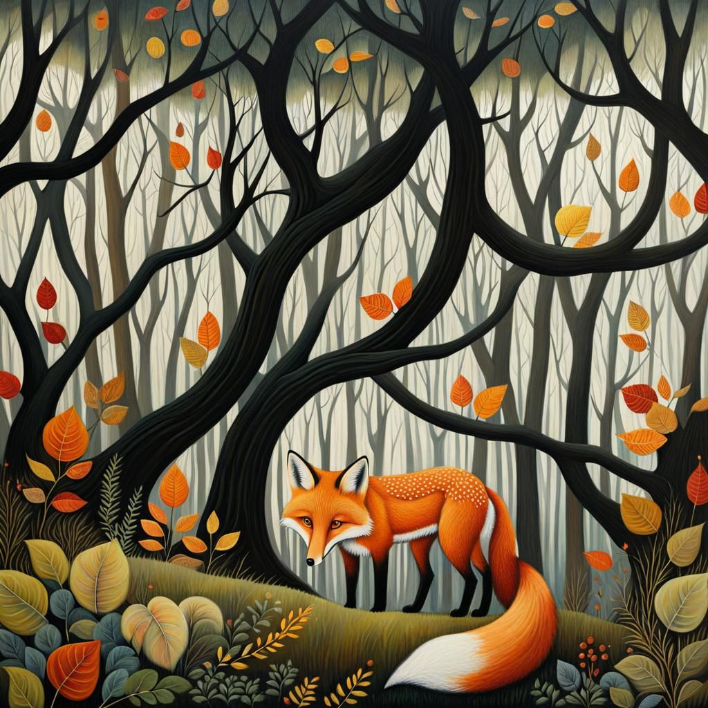 Whimsical Fox in Forest Painting, Folk Art Style