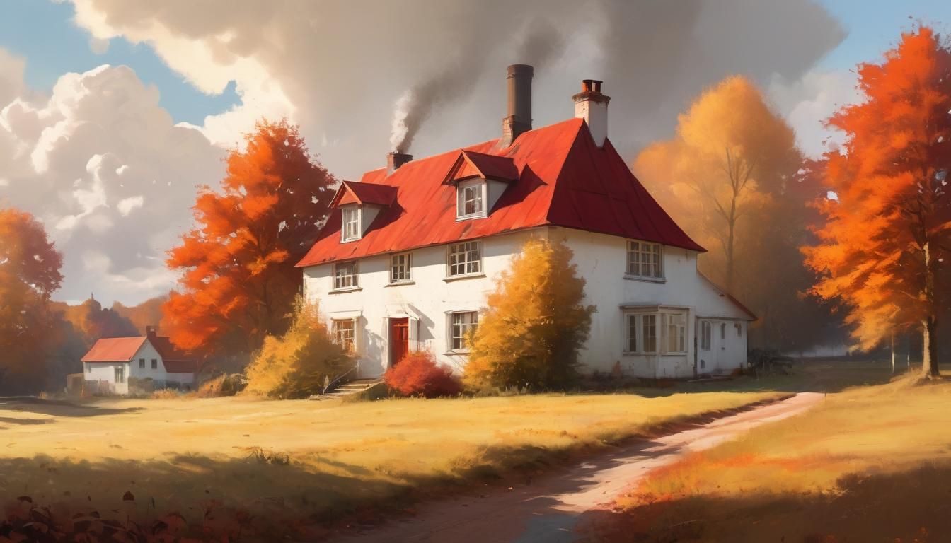 Digital painting of a picturesque autumnal house, red roof, ...