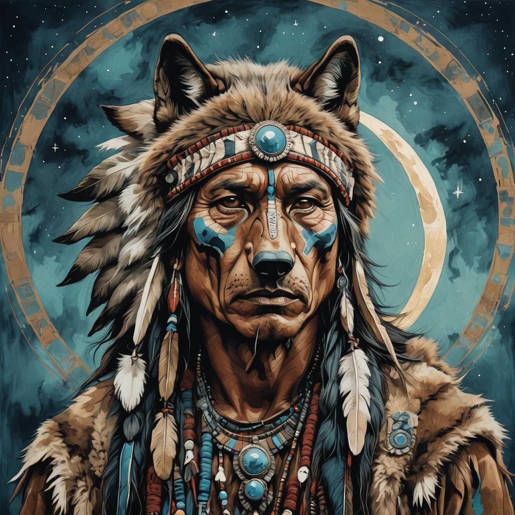 Native American Wolf Headdress in Abstract Art
