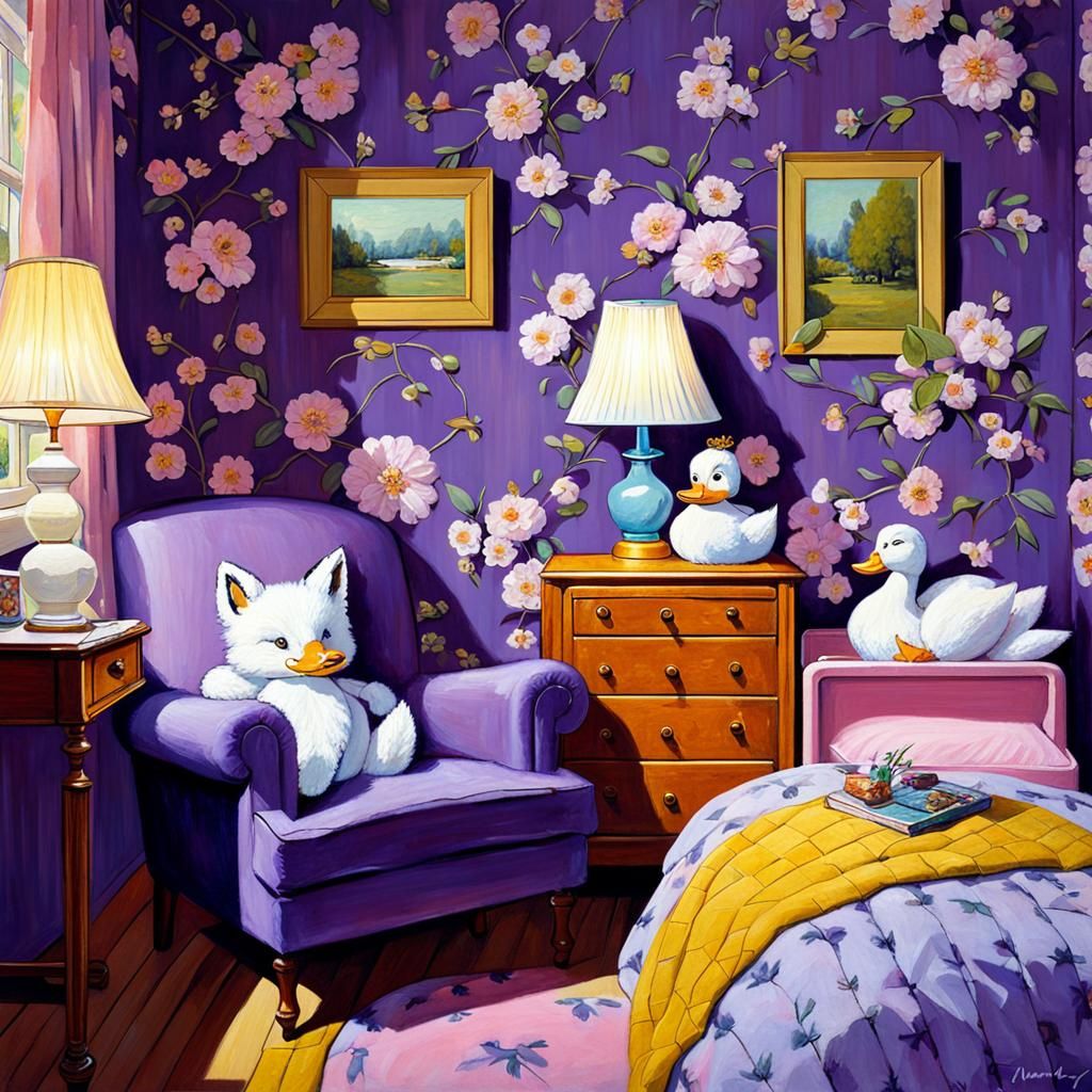 A bedroom with floral plum wallpaper, a cool violet chair, a...