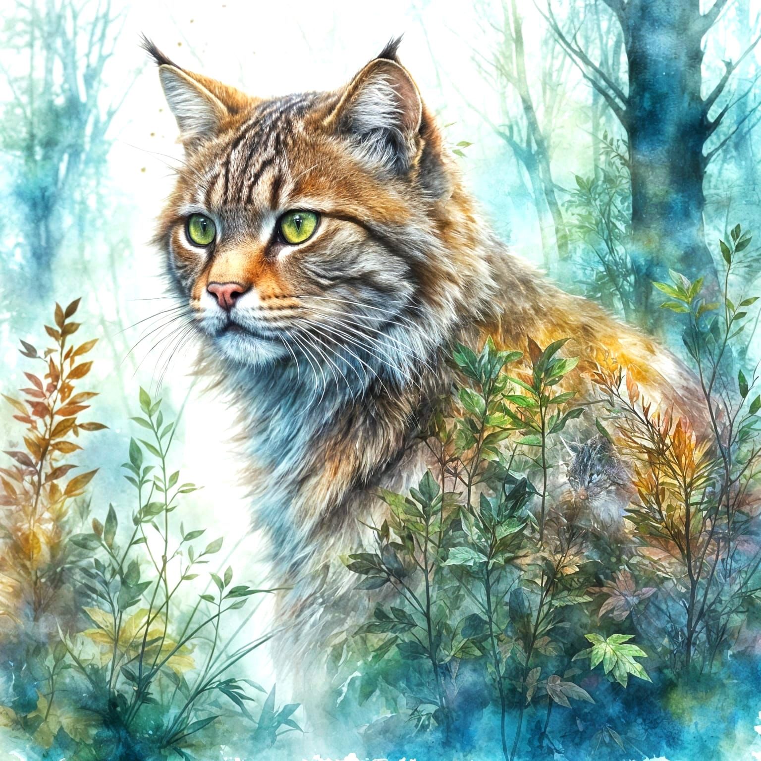 Scottish Wildcat in Misty Forest: Watercolor Art
