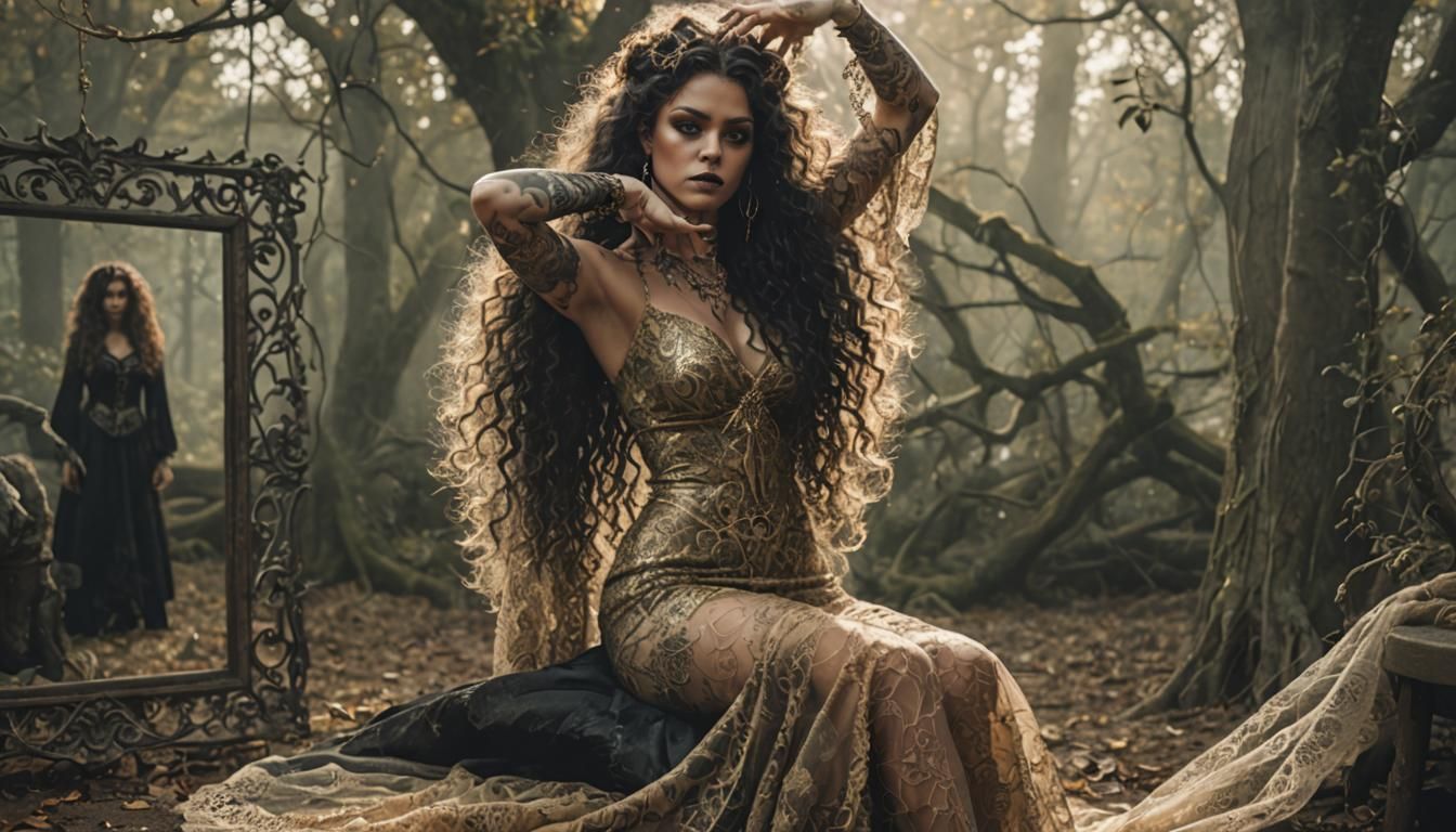 Cinematic Portrait of a Tattooed Witch in Golden Lace