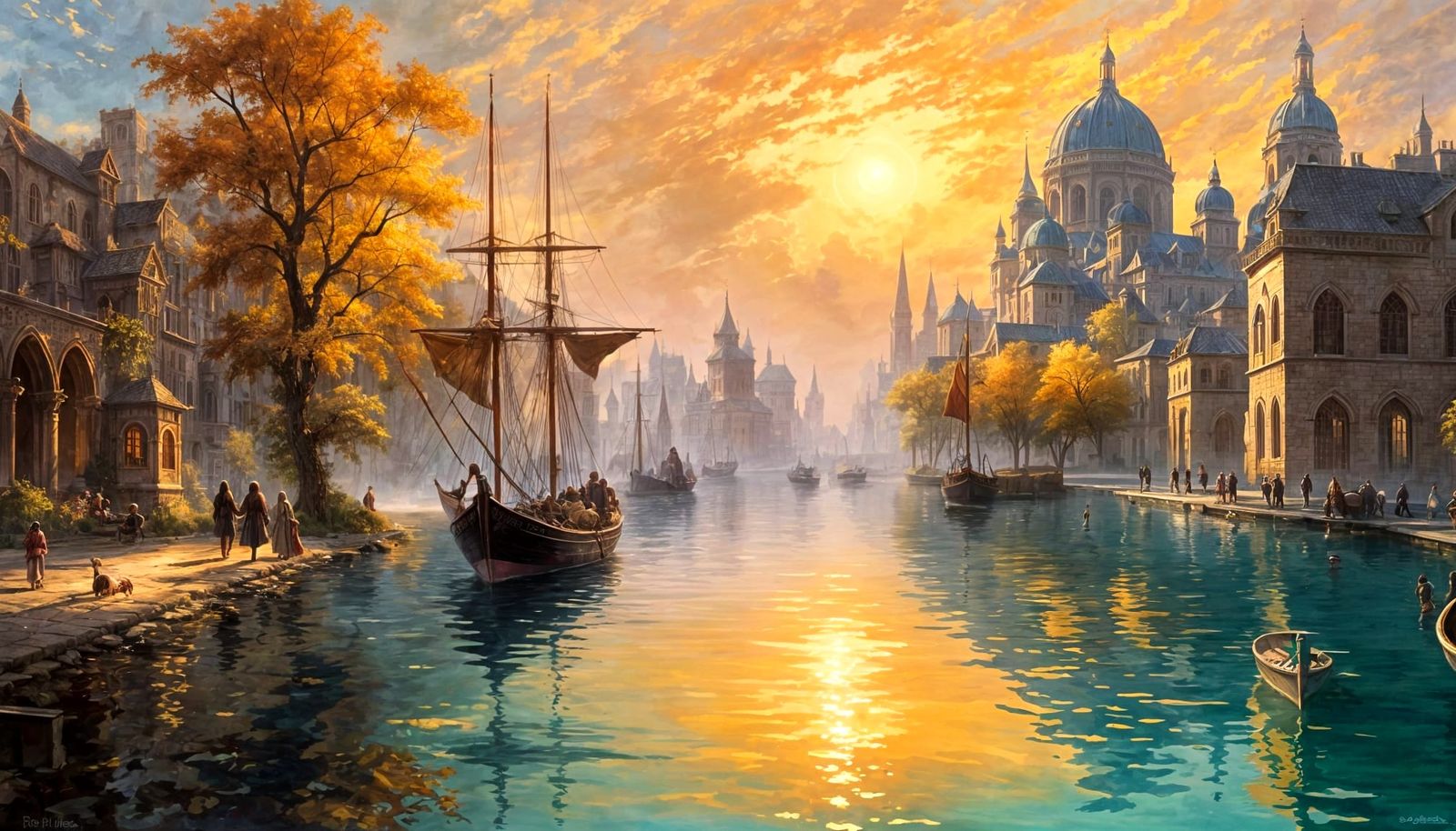 Fantasy Riverside City at Sunset: Digital Oil Painting