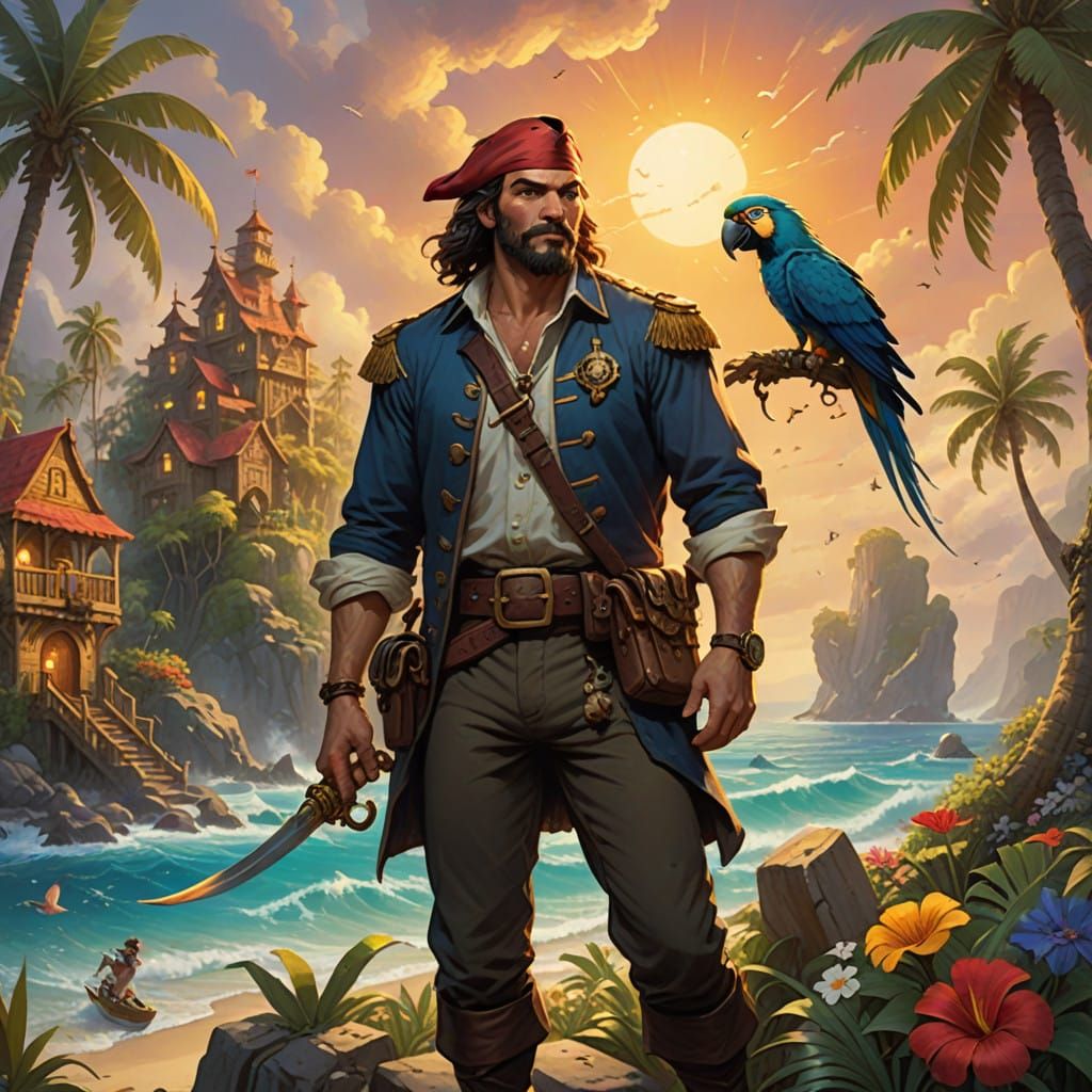 Pirate Captain Embarks on Treasure Hunt in Tropical Paradise