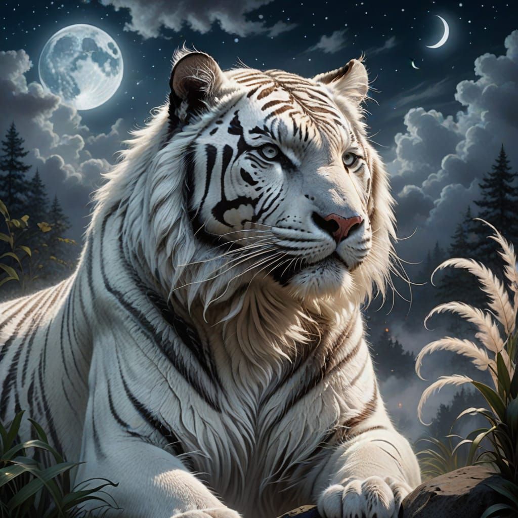 photo realistic fluffy white tiger with long fur extending i...
