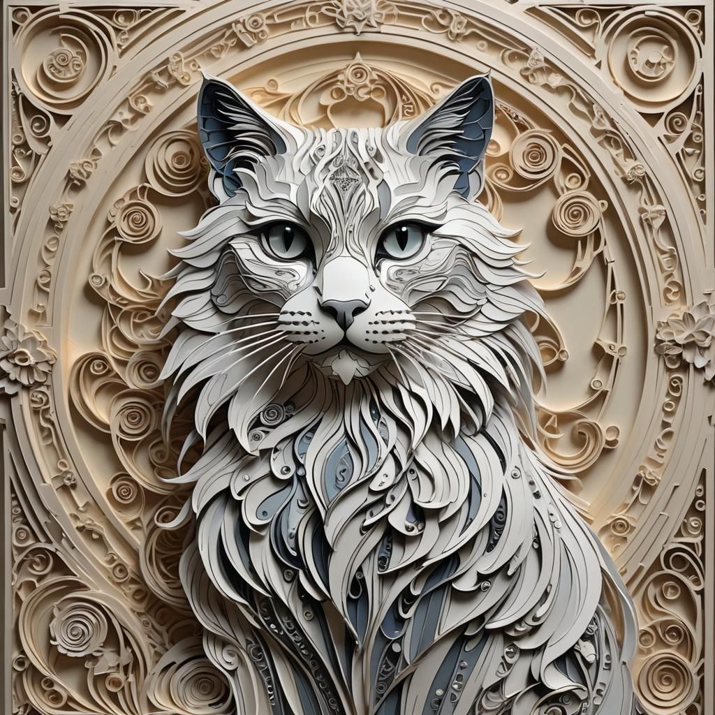 Futuristic Long-Haired Cat: Art Deco Quilled Profile