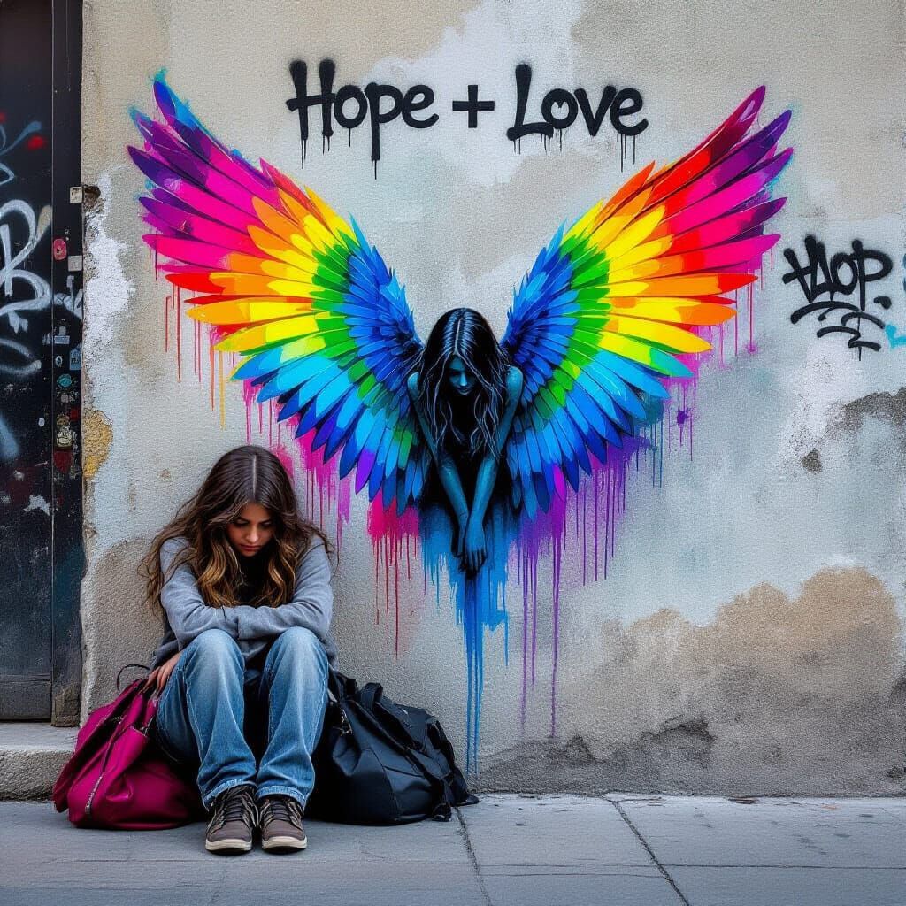 Homeless Girl with Graffiti Wings, Dark Fantasy Art