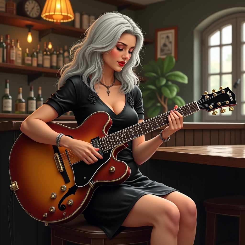 Beautiful Woman Plays Guitar in Tavern Storybook Illustratio...