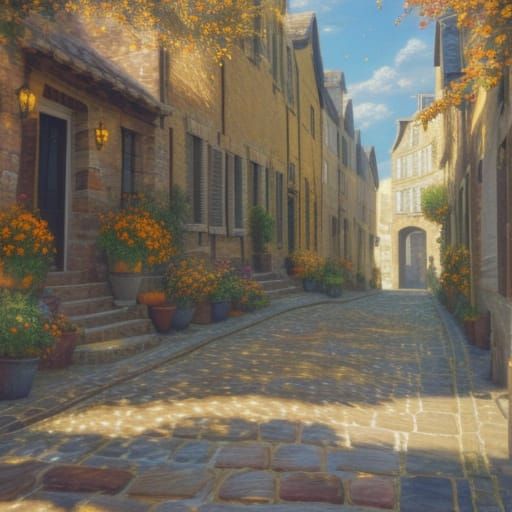 Sunlit Old Town in Pointillist Style