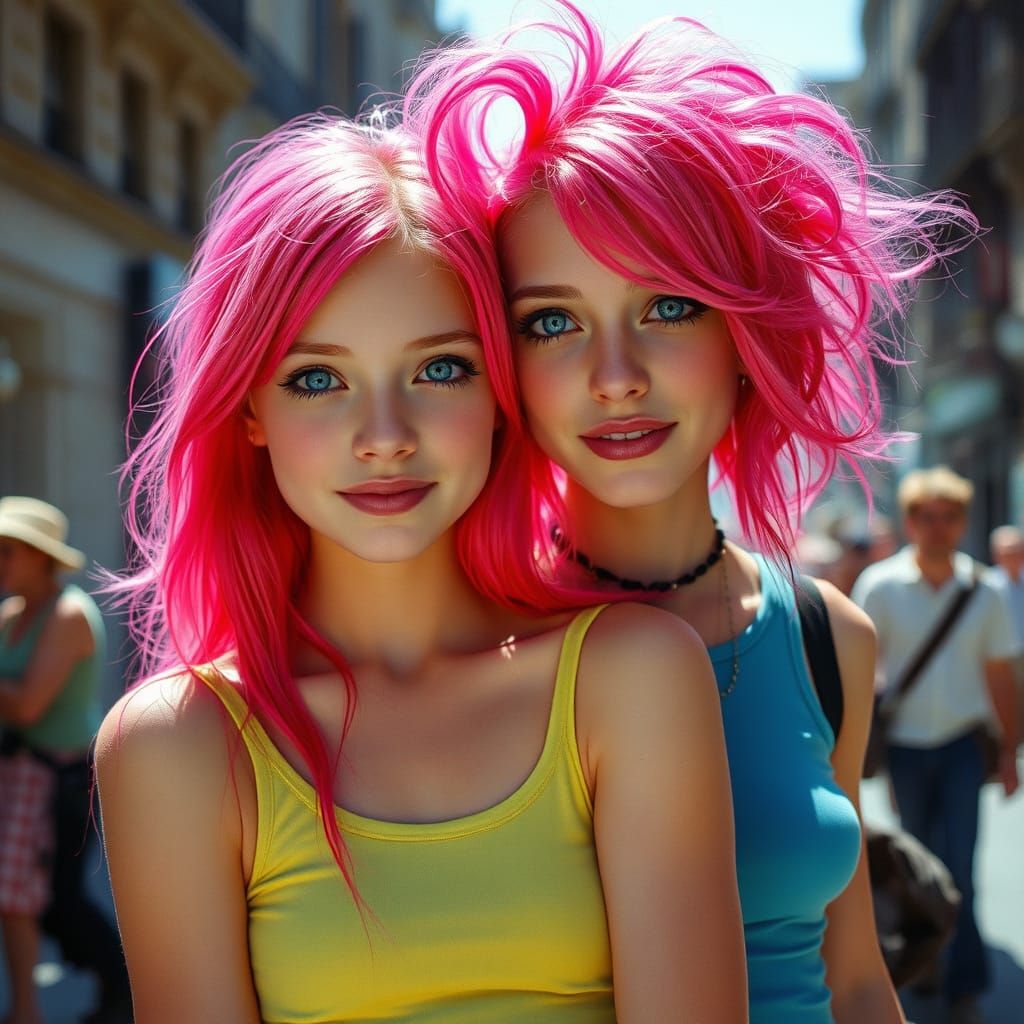 Ethereal Girls with Colorful Hair in a Vibrant City