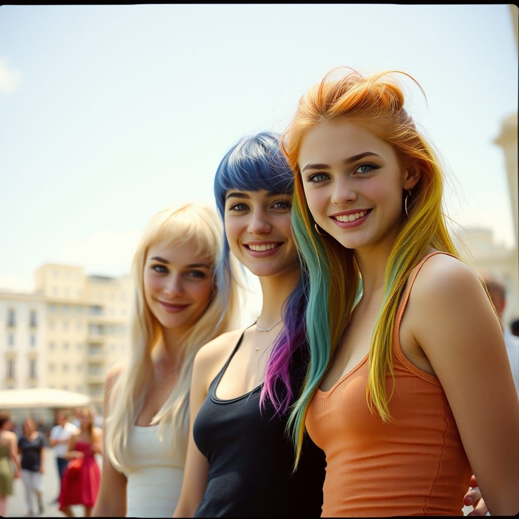 Ethereal Girls with Vibrant Hair in Bright City