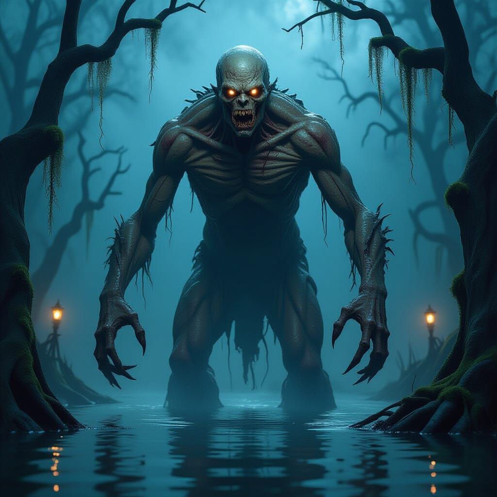Grotesque Swamp Monster Emerges in Hyperrealistic Horror Sce...