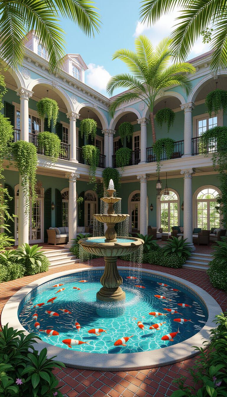New Orleans Apartment Courtyard in 3D Anime Style