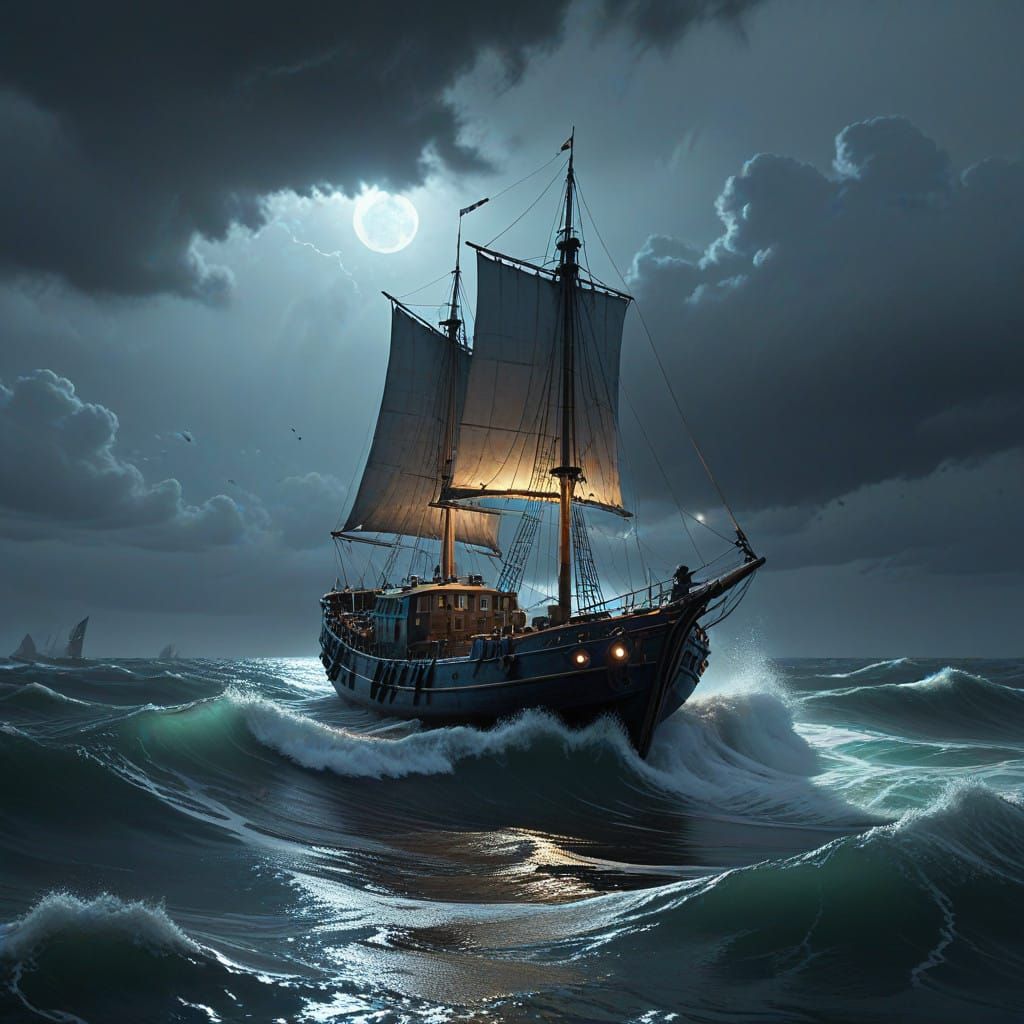 Stormy Sea at Night in a Cinematic Cyberpunk Aesthetic