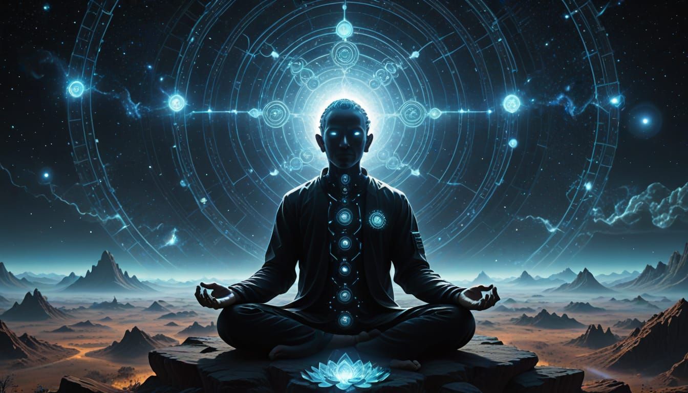 Psychonaut Meditates Above Crystalline Plateau in Space