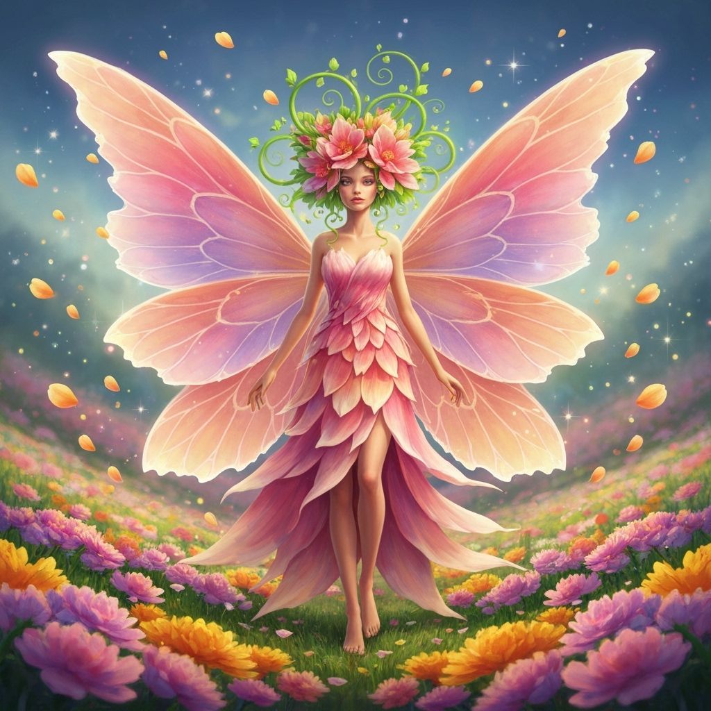Luminous Fairy with Flower Petal Wings in Blooming Field