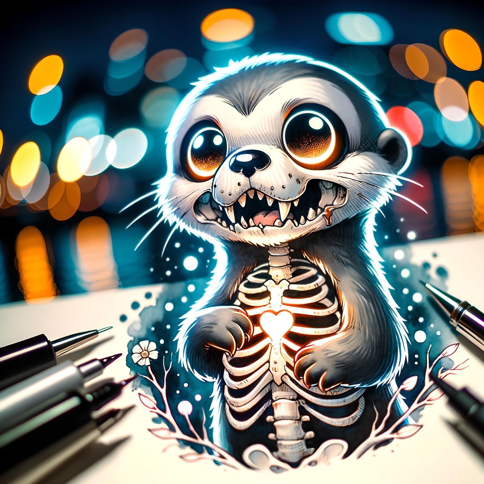 Undead Chibi Otter with Glowing Eyes as Watercolor Art
