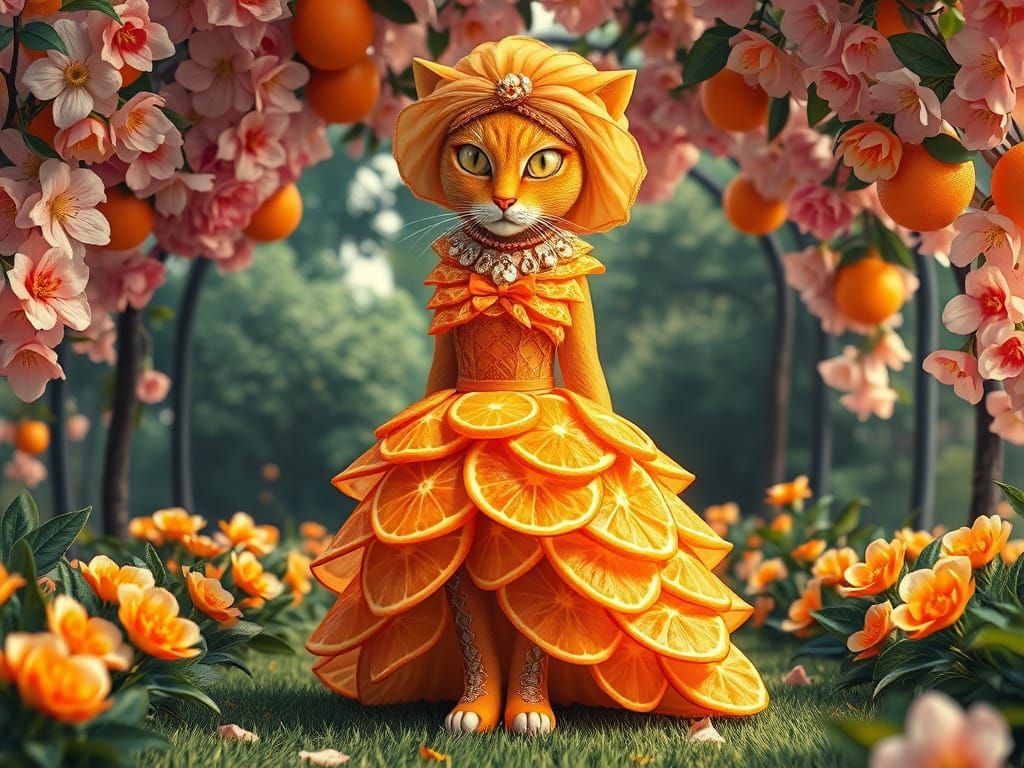 Ethereal Orange Feline in Whimsical Garden Setting